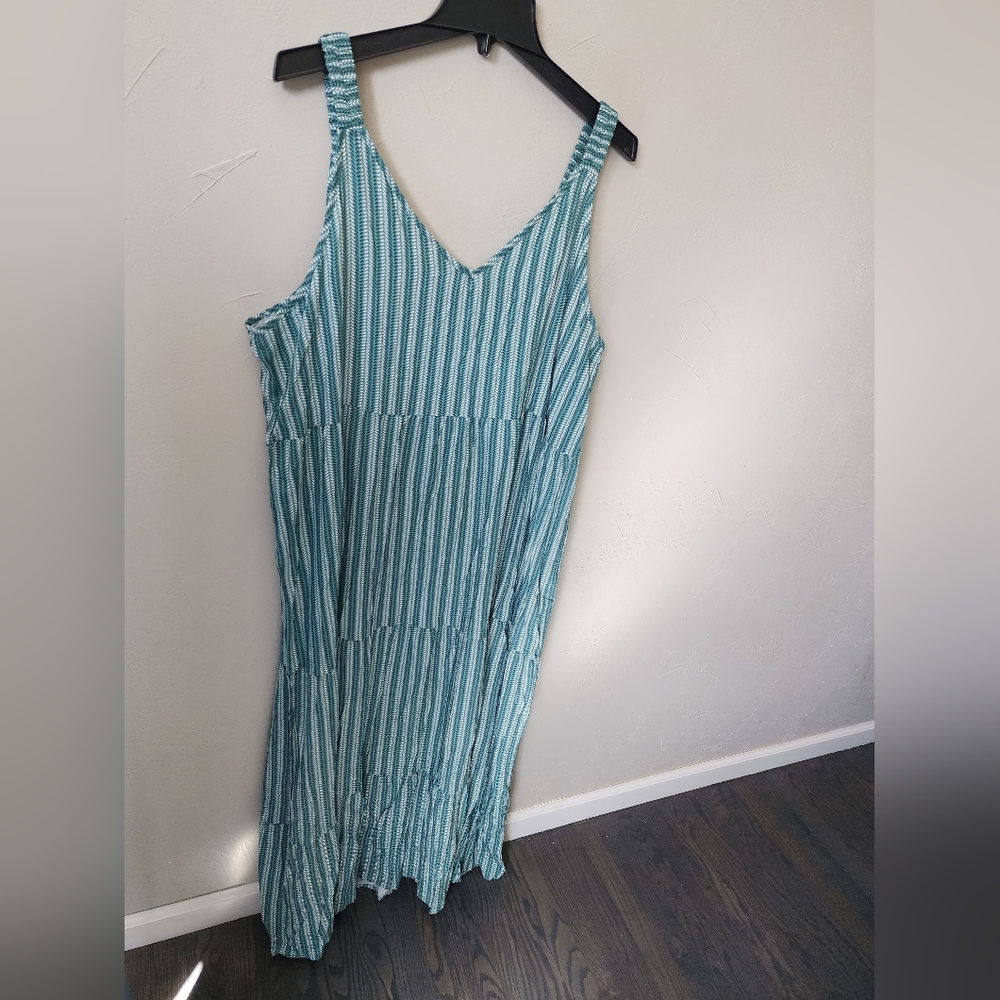 Kaktus Maxi Dress Turquoise Striped Tiered Relaxed Baggy 100% Rayon Size 3X